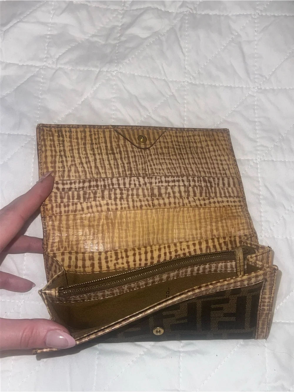 Fendi Brown Zucca Monogram Wallet with Tan Trim